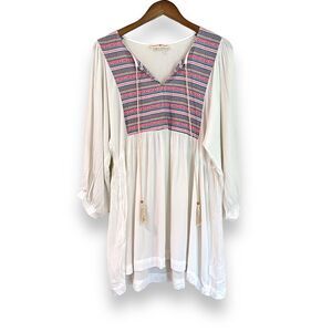 Altar’d State White Crinkle Tunic Top Size L Striped Bodice Pockets Tassels Boho